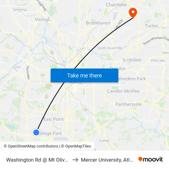 Washington Rd @ Mt Olive Rd to Mercer University, Atlanta map