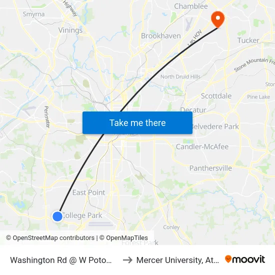Washington Rd @ W Potomac Dr to Mercer University, Atlanta map