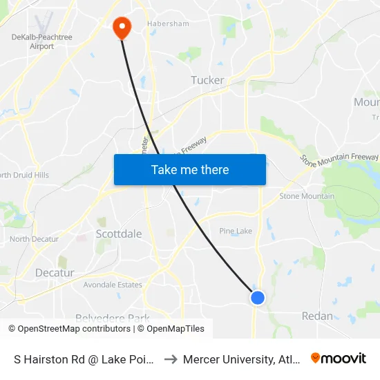 S Hairston Rd @ Lake Point Dr to Mercer University, Atlanta map