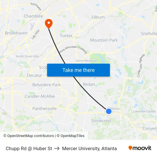 Chupp Rd @ Huber St to Mercer University, Atlanta map