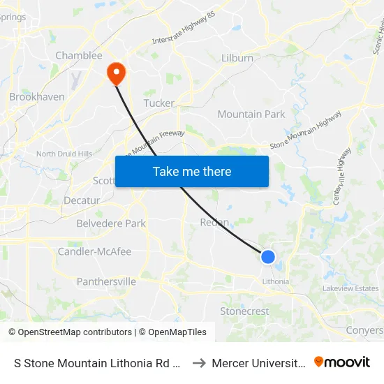 S Stone Mountain Lithonia Rd @ Chapman Rd to Mercer University, Atlanta map