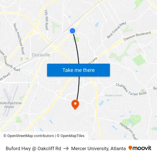 Buford Hwy @ Oakcliff Rd to Mercer University, Atlanta map