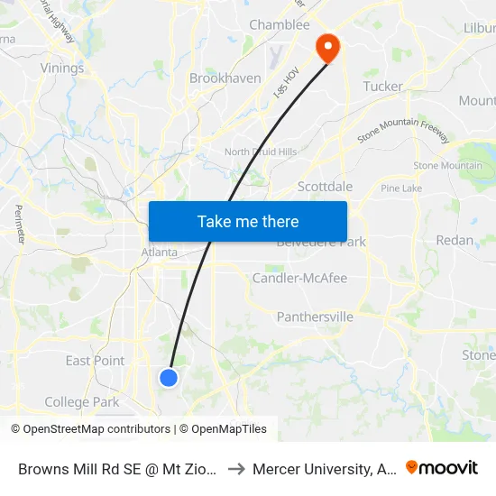 Browns Mill Rd SE @ Mt Zion Rd SE to Mercer University, Atlanta map