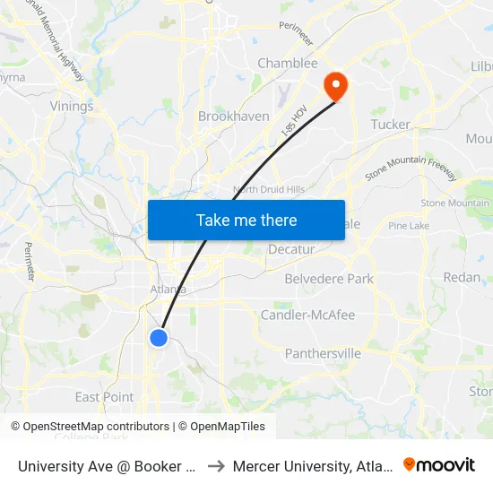University Ave @ Booker Ave to Mercer University, Atlanta map