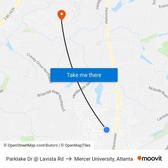 Parklake Dr @ Lavista Rd to Mercer University, Atlanta map