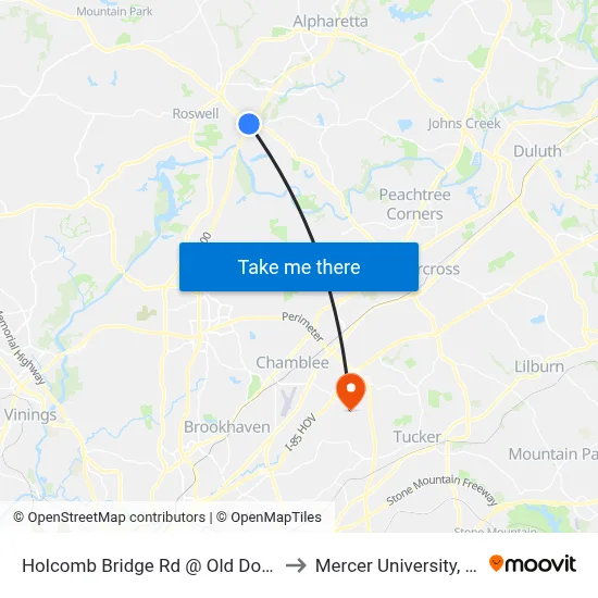 Holcomb Bridge Rd @ Old Dogwood Rd to Mercer University, Atlanta map