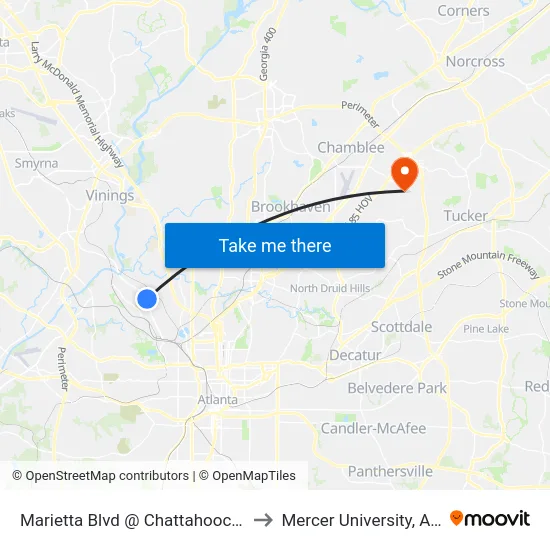 Marietta Blvd @ Chattahoochee Ave to Mercer University, Atlanta map