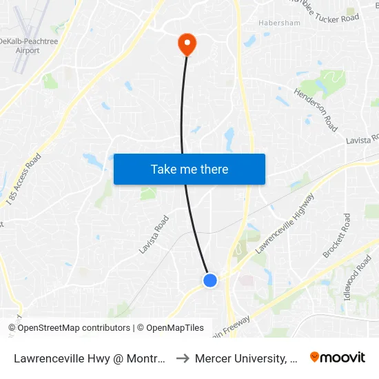 Lawrenceville Hwy @ Montreal Rd W to Mercer University, Atlanta map
