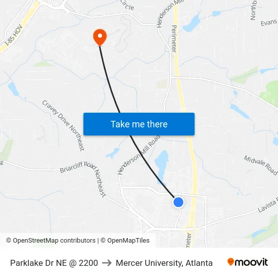 Parklake Dr NE @ 2200 to Mercer University, Atlanta map