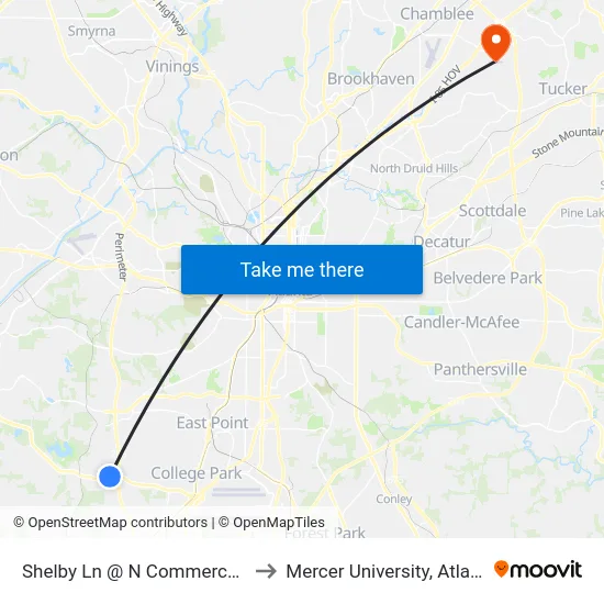 Shelby Ln @ N Commerce Dr to Mercer University, Atlanta map