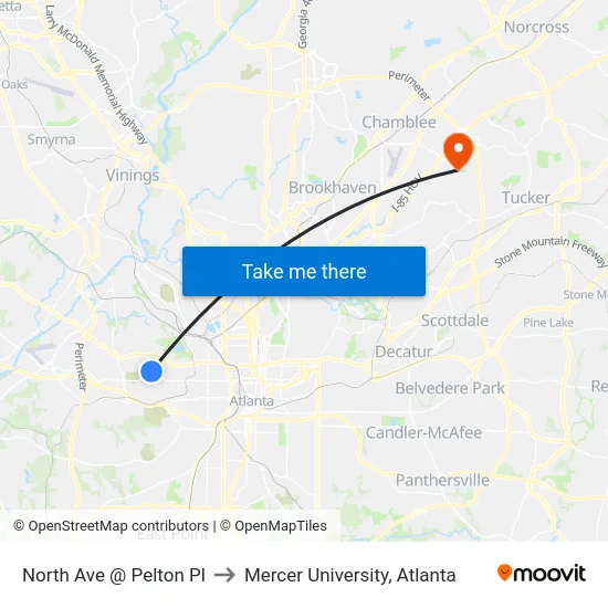 North Ave @ Pelton Pl to Mercer University, Atlanta map
