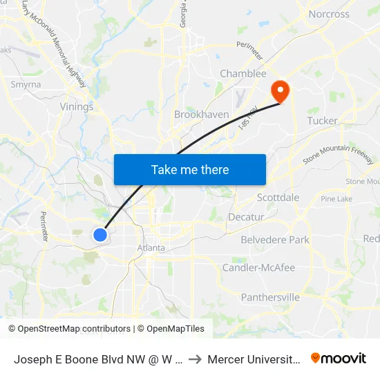 Joseph E Boone Blvd NW @ W Lake Ave NW to Mercer University, Atlanta map
