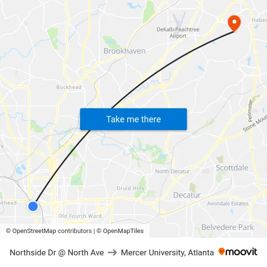 Northside Dr @ North Ave to Mercer University, Atlanta map