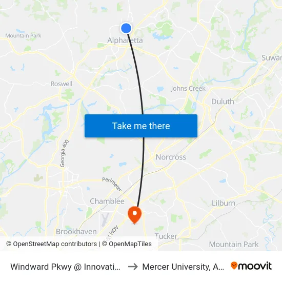Windward Pkwy @ Innovation Way to Mercer University, Atlanta map
