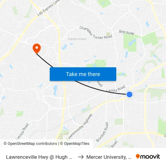 Lawrenceville Hwy @ Hugh Howell Rd to Mercer University, Atlanta map