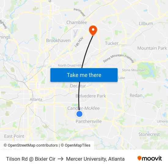 Tilson Rd @ Bixler Cir to Mercer University, Atlanta map