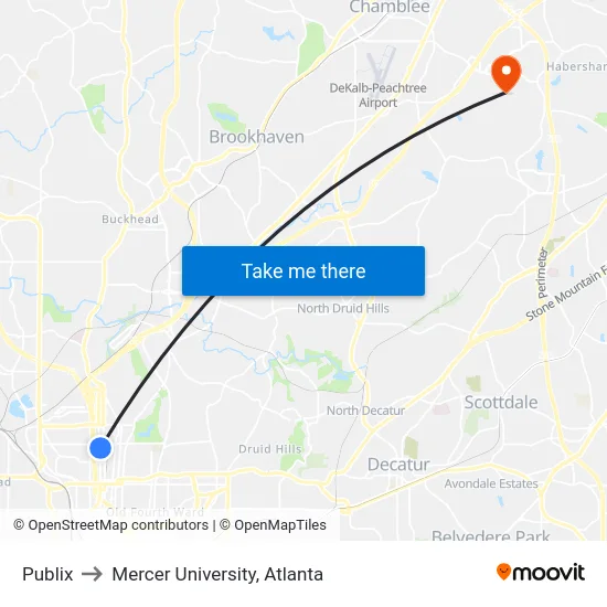 Publix to Mercer University, Atlanta map
