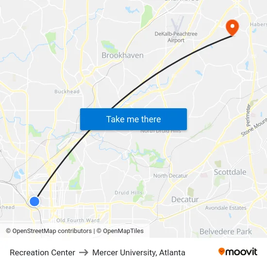 Recreation Center to Mercer University, Atlanta map