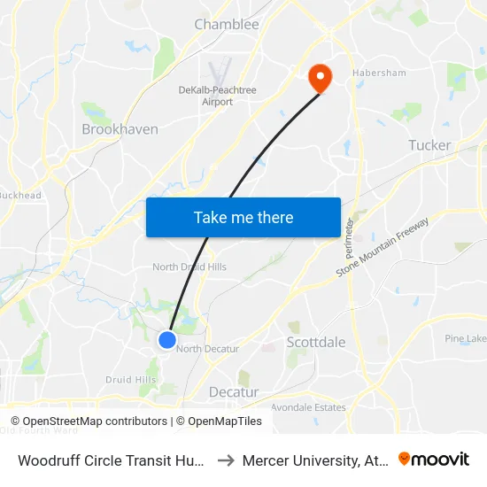 Woodruff Circle Transit Hub (Wc) to Mercer University, Atlanta map