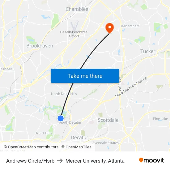 Andrews Circle/Hsrb to Mercer University, Atlanta map