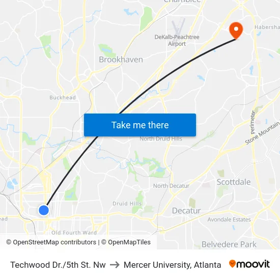 Techwood Dr./5th St. Nw to Mercer University, Atlanta map