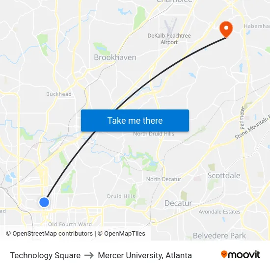 Technology Square to Mercer University, Atlanta map
