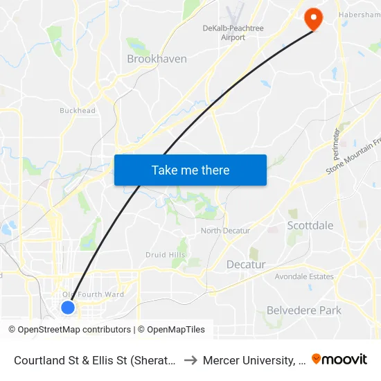 Courtland St & Ellis St (Sheraton Atlanta) to Mercer University, Atlanta map