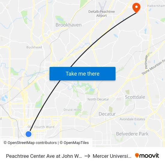 Peachtree Center Ave at John Wesley Dobbs Ave to Mercer University, Atlanta map