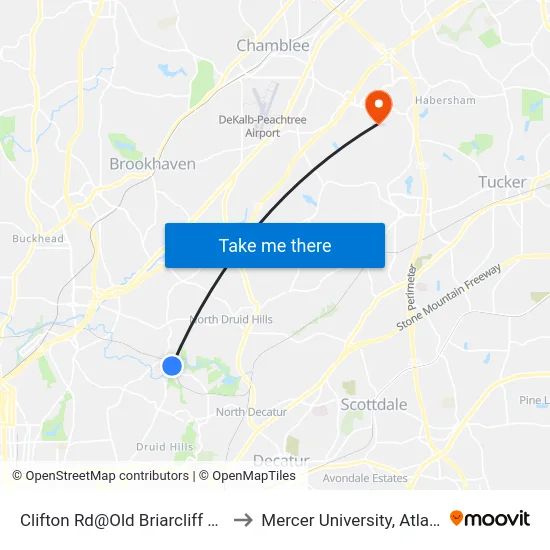 Clifton Rd@Old Briarcliff Way to Mercer University, Atlanta map