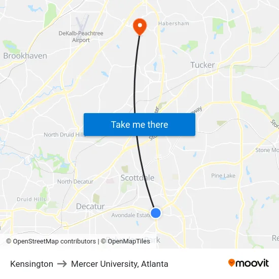 Kensington to Mercer University, Atlanta map