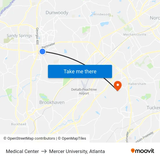 Medical Center to Mercer University, Atlanta map