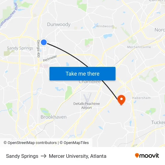Sandy Springs to Mercer University, Atlanta map