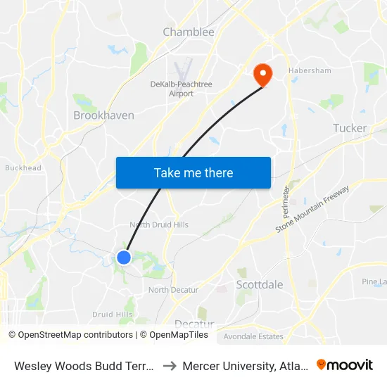 Wesley Woods Budd Terrace to Mercer University, Atlanta map