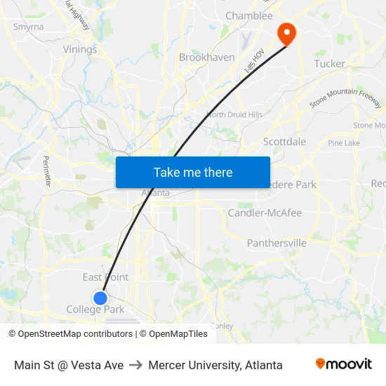 Main St @ Vesta Ave to Mercer University, Atlanta map