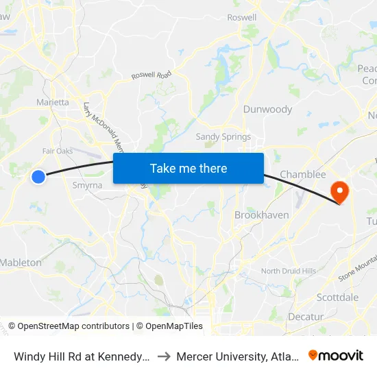 Windy Hill Rd at Kennedy Ln to Mercer University, Atlanta map