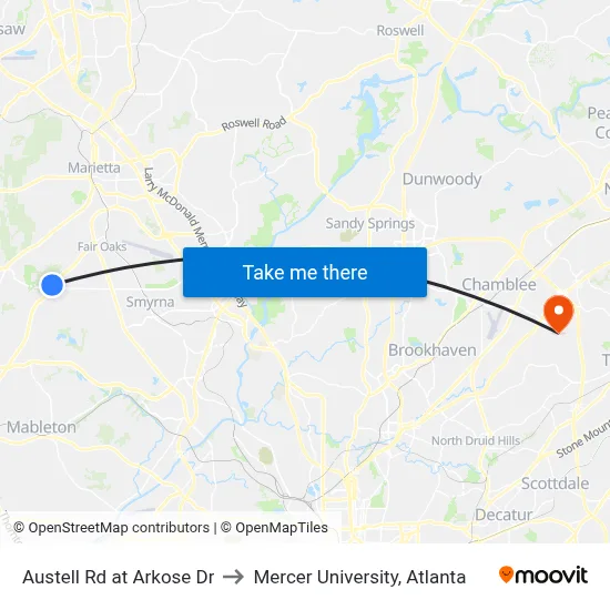 Austell Rd at Arkose Dr to Mercer University, Atlanta map