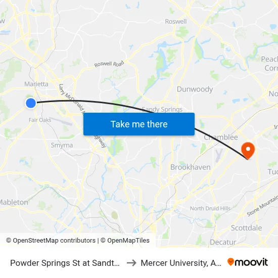 Powder Springs St at Sandtown Rd to Mercer University, Atlanta map