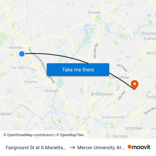 Fairground St at S Marietta Pkwy to Mercer University, Atlanta map