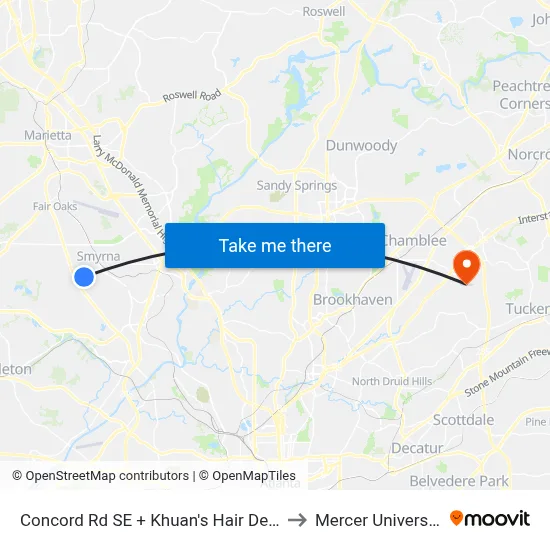 Concord Rd SE + Khuan's Hair Design/Arkle Veterina to Mercer University, Atlanta map