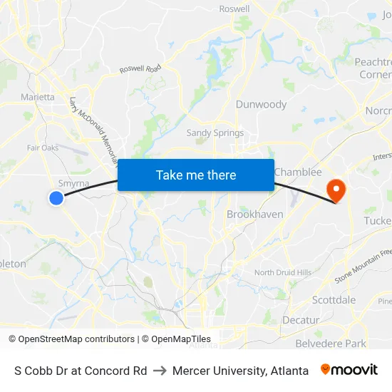 S Cobb Dr at Concord Rd to Mercer University, Atlanta map