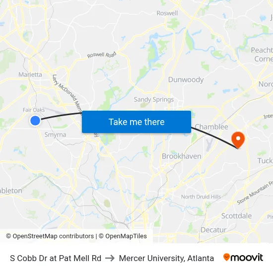 S Cobb Dr at Pat Mell Rd to Mercer University, Atlanta map