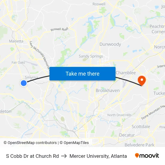 S Cobb Dr at Church Rd to Mercer University, Atlanta map