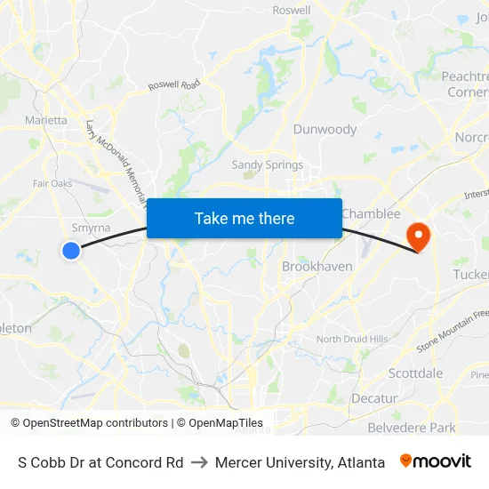 S Cobb Dr at Concord Rd to Mercer University, Atlanta map