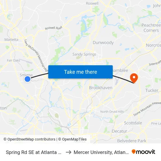 Spring Rd SE at Atlanta Rd to Mercer University, Atlanta map