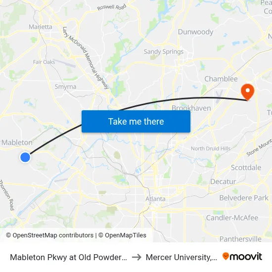 Mableton Pkwy at Old Powder Springs Rd to Mercer University, Atlanta map