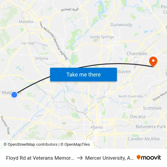 Floyd Rd at Veterans Memorial Hwy to Mercer University, Atlanta map