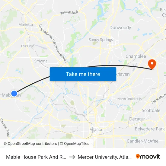 Mable House Park And Ride to Mercer University, Atlanta map