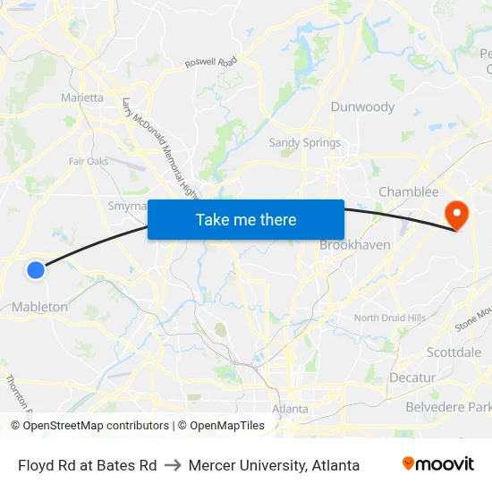 Floyd Rd at Bates Rd to Mercer University, Atlanta map