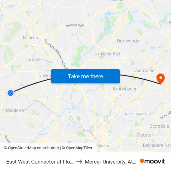 East-West Connector at Floyd Rd to Mercer University, Atlanta map