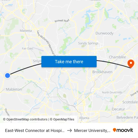 East-West Connector at Hospital South Dr to Mercer University, Atlanta map